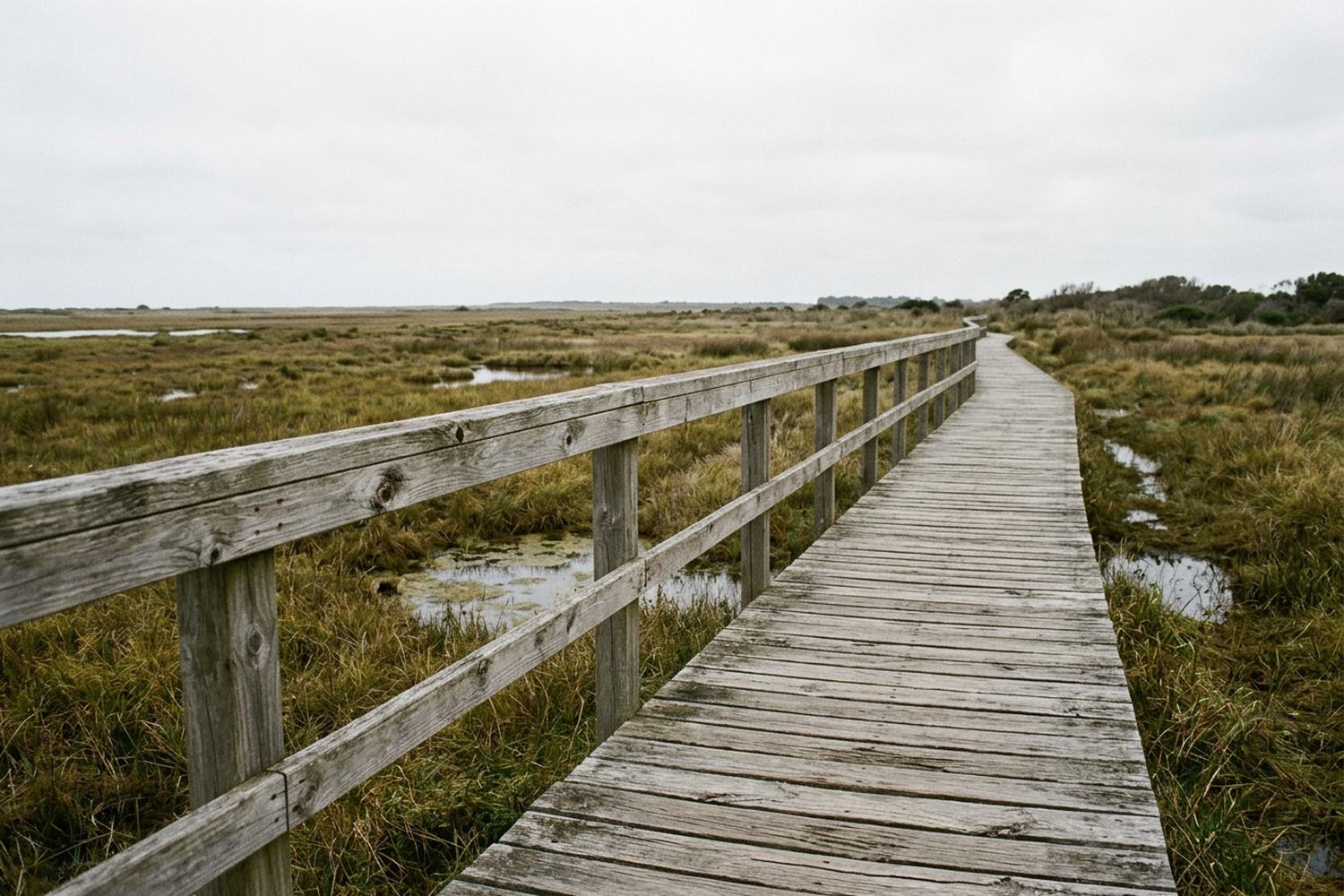 A weathered timber boardwalk running low over coarse grass and standing water