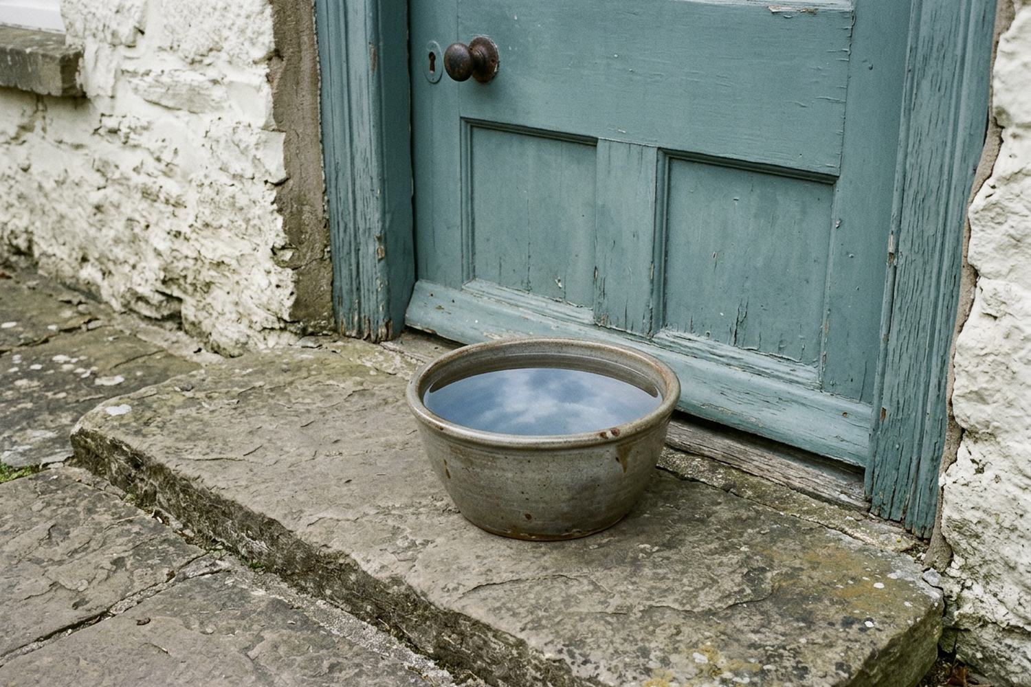 A glazed stoneware water bowl on a stone doorstep beside a closed painted door