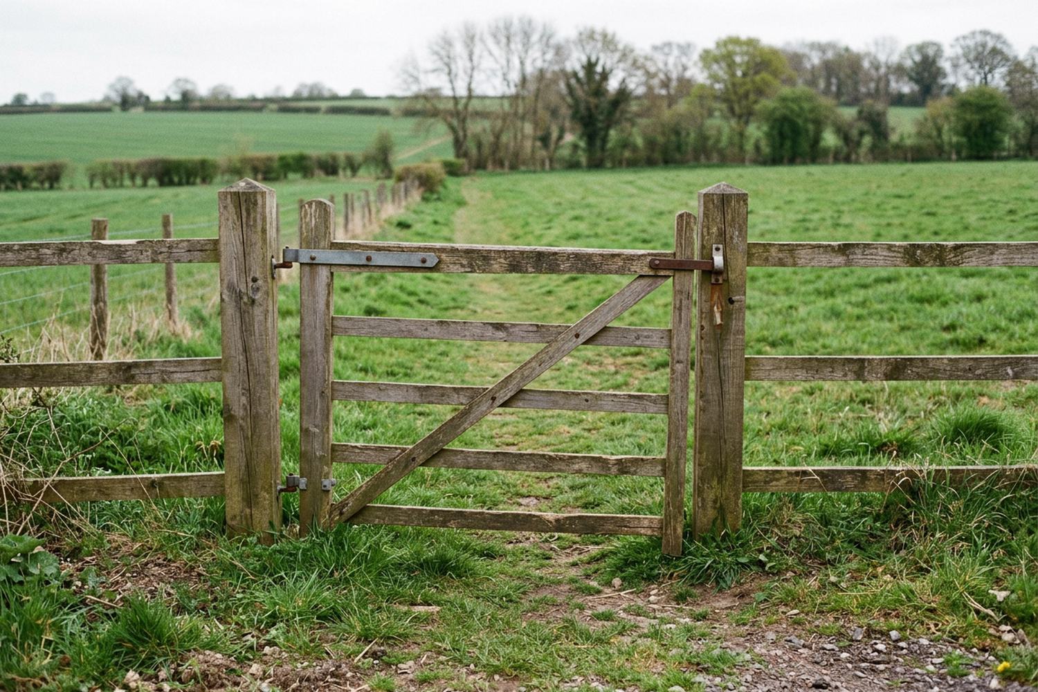 A weathered timber field gate standing half open onto a grass track
