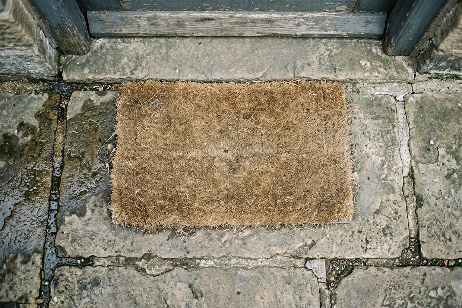 A worn bristle doormat on a flagstone threshold, the stone wet along one edge