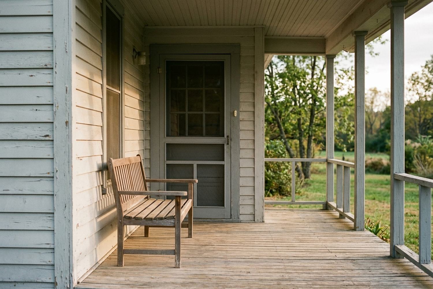 A covered porch of painted boards with an empty bench and a screen door behind
