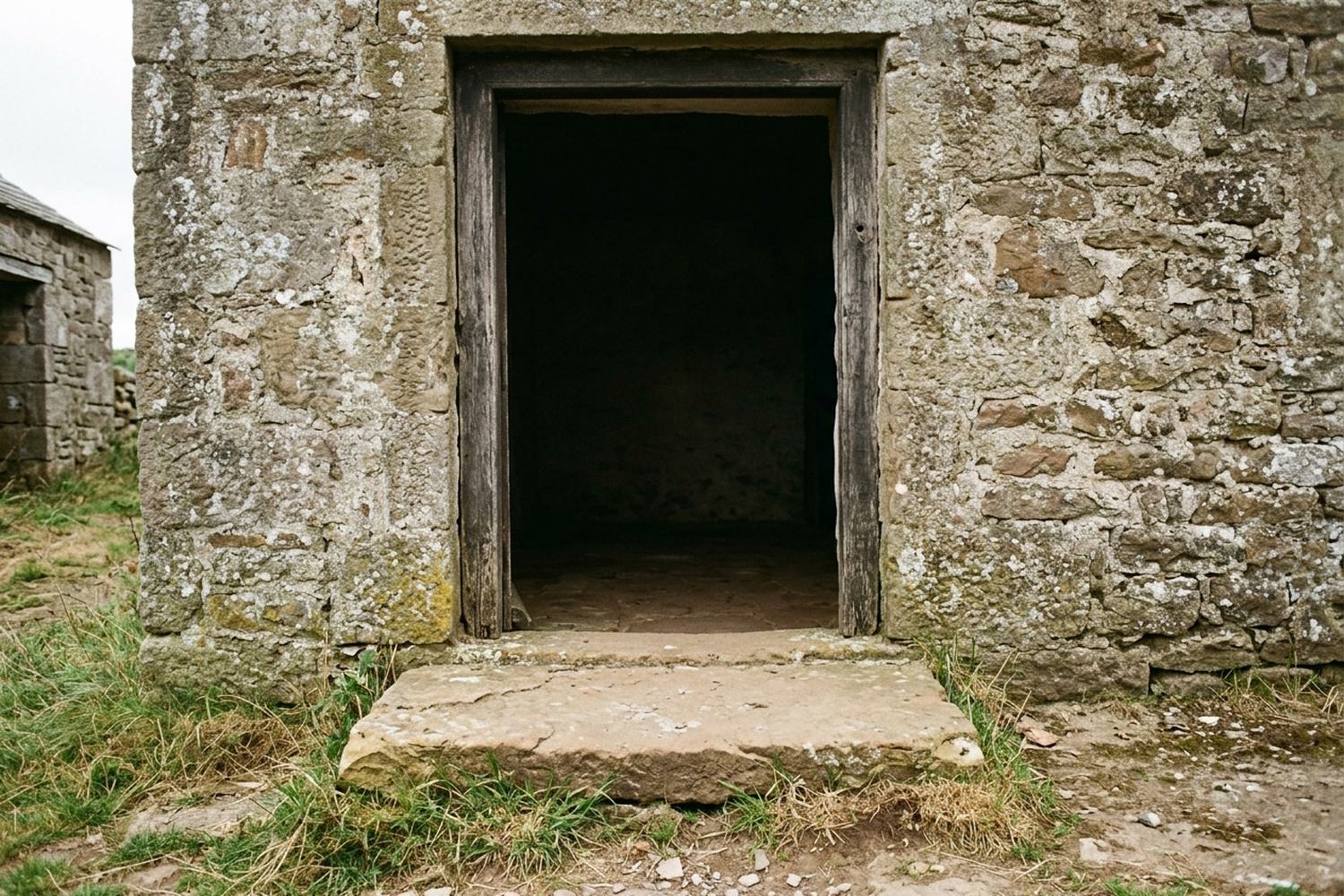One low stone step up to a plain open doorway, bright outside and dim within