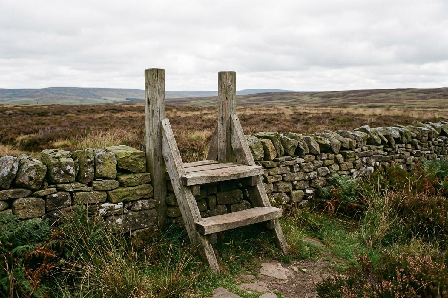 A plain two step wooden stile over a low dry stone wall onto open moorland