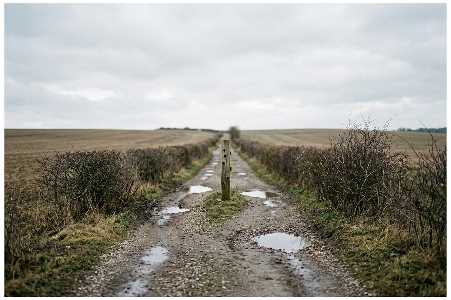 A rutted gravel track between low hedges with puddles standing in the ruts