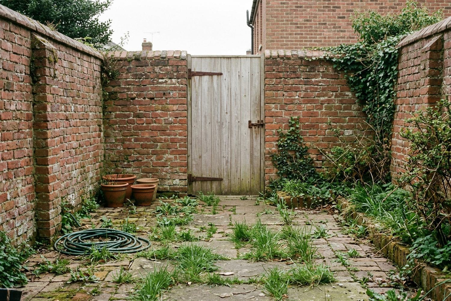 A small walled brick yard with a closed gate and grass growing in the joints