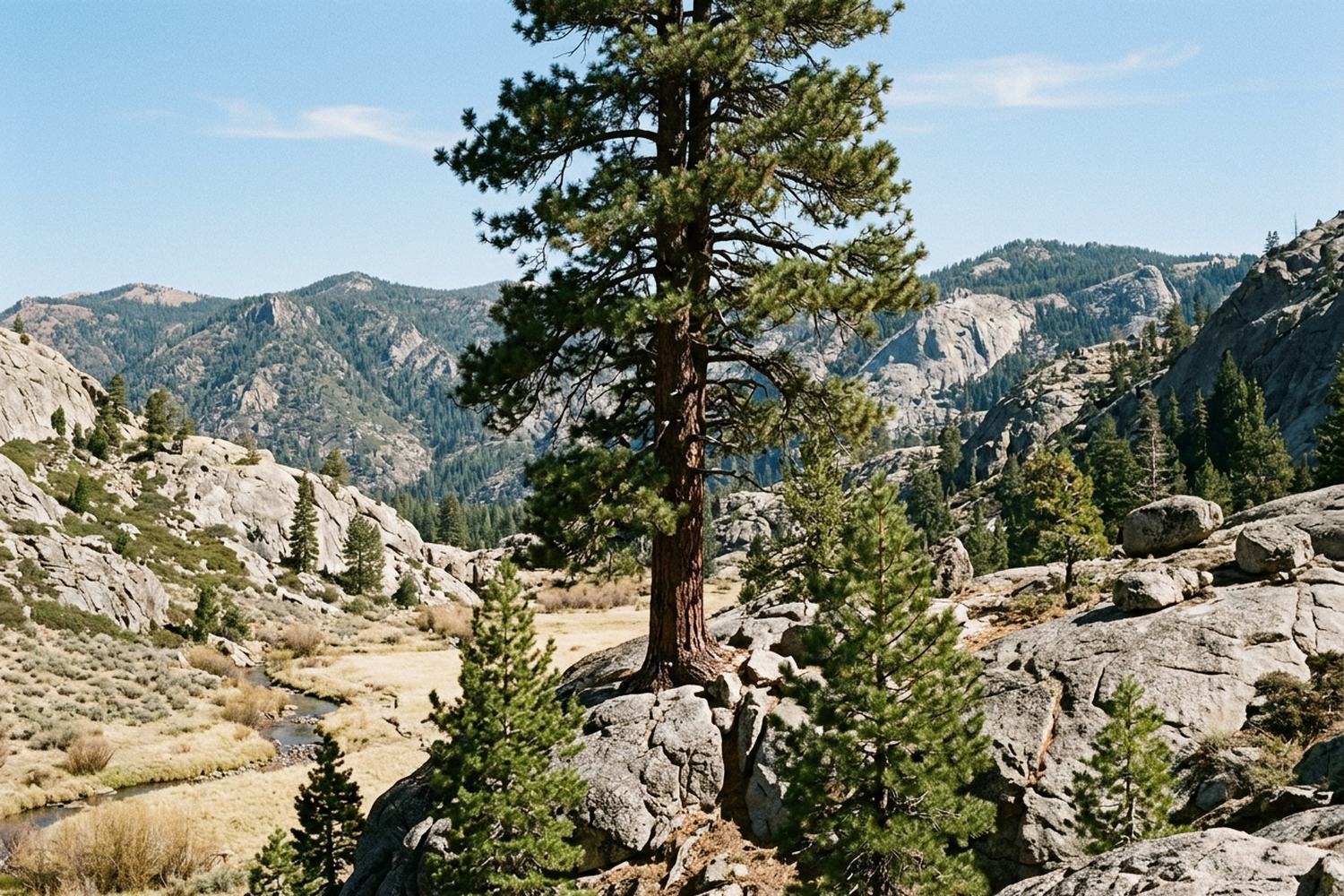 Dark ponderosa pine on rough granite outcrops above a narrow grassy valley