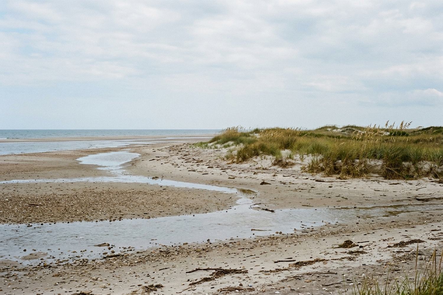 A flat barrier beach with low dunes, sea oats and a shallow tidal creek