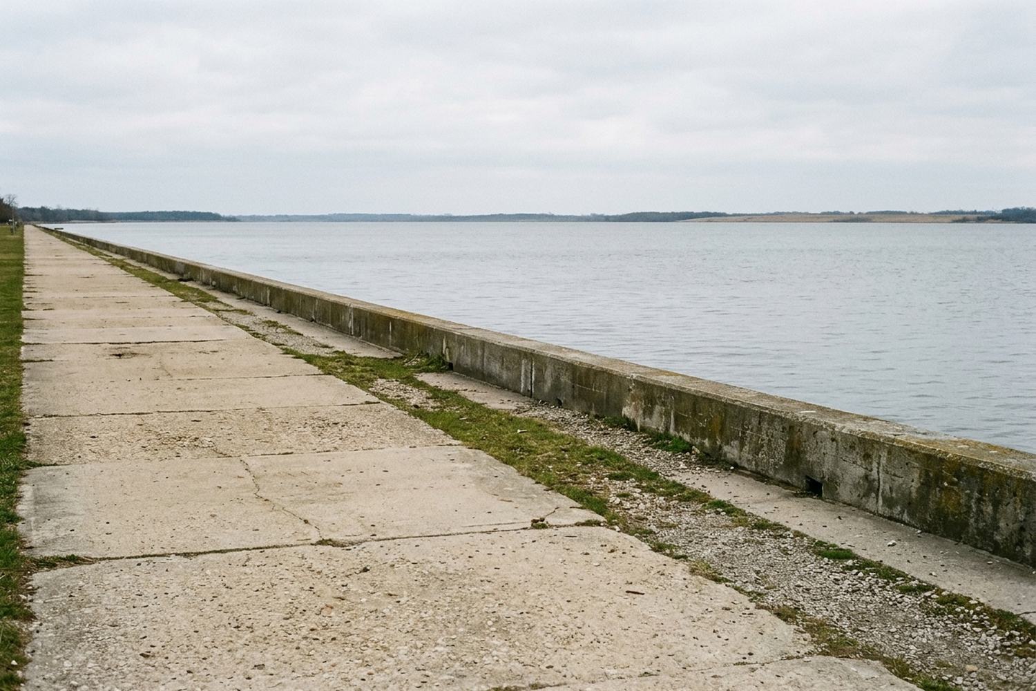 A long straight lakefront path of pale concrete beside flat open water