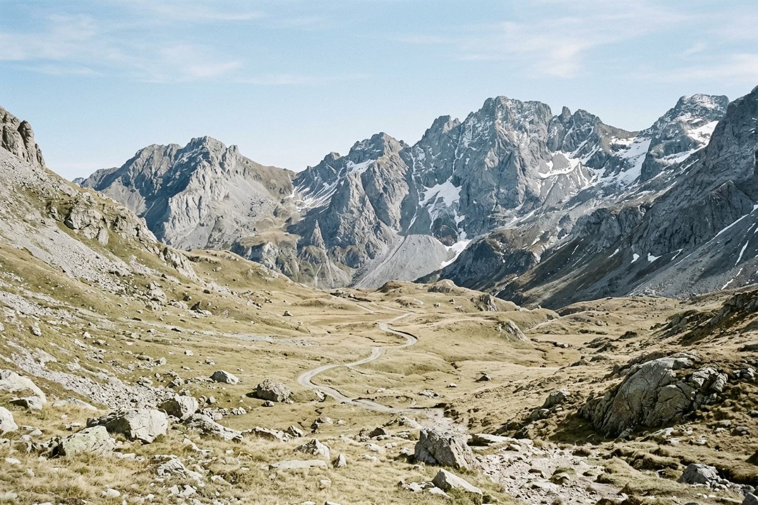 A high alpine basin of pale grass and boulders under bare rock peaks