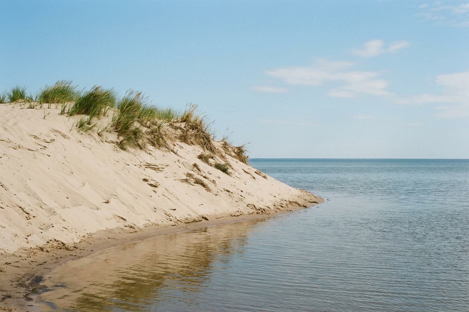 A pale sand dune dropping steeply to a wide freshwater lake