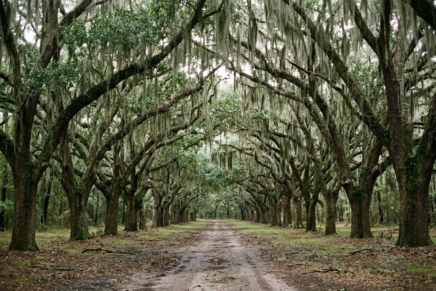 A live oak avenue heavy with hanging moss over a shaded lane