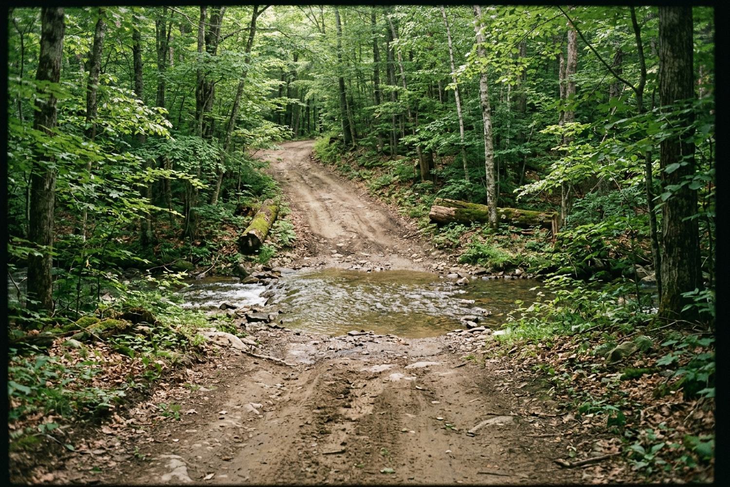 A dirt logging road climbing into dense green hardwood forest